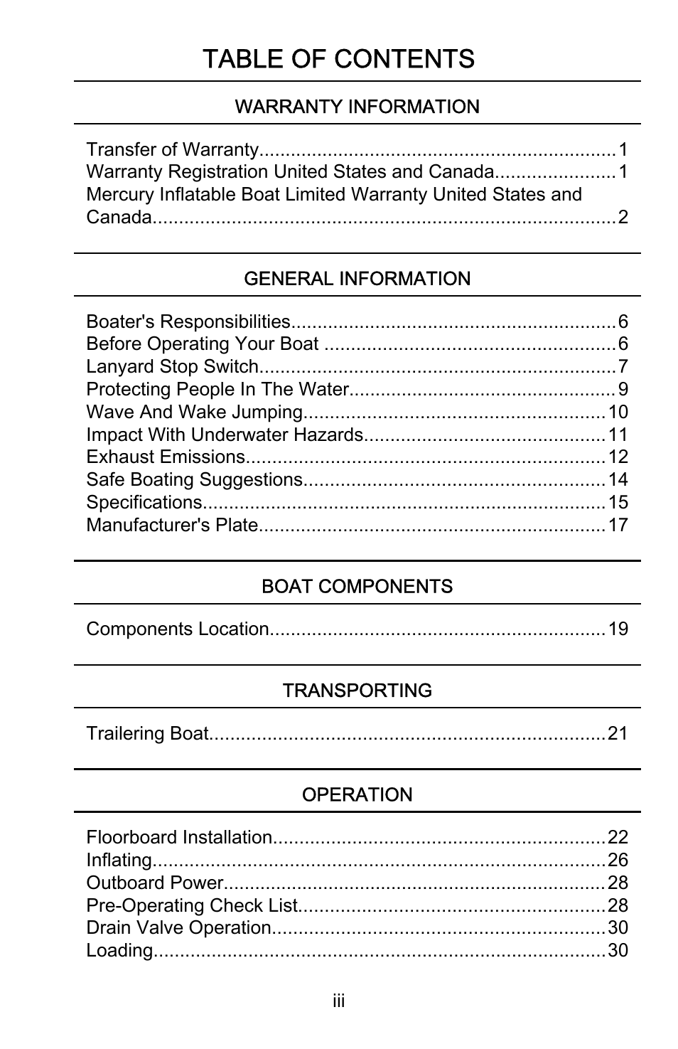 Mercury Marine Sport 899183001 User Manual | Page 3 / 42