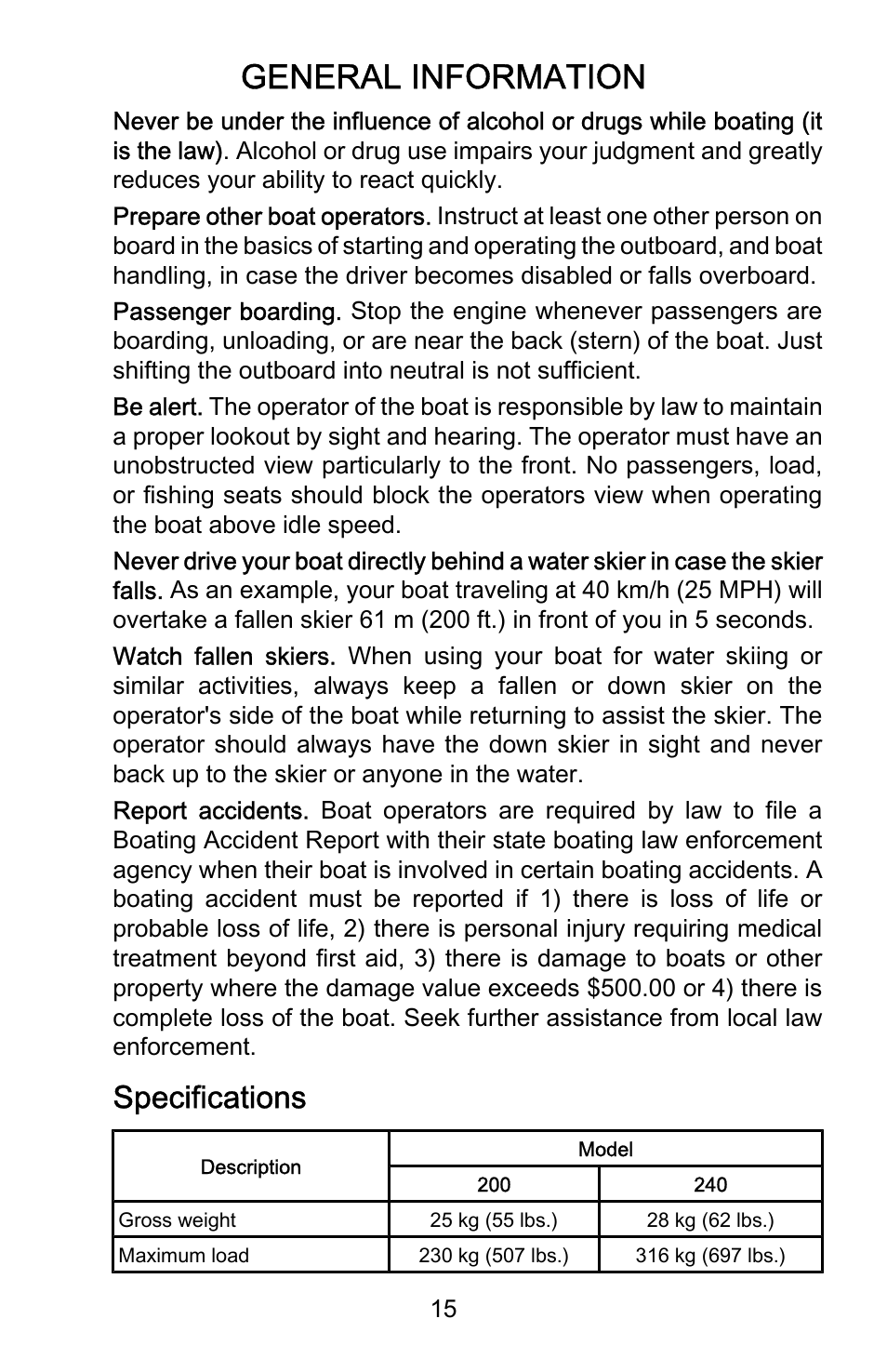 Specifications, General information | Mercury Marine Roll Up 899197001 User Manual | Page 19 / 37