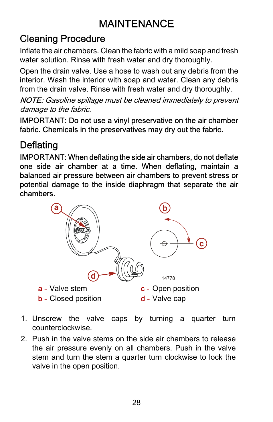 Maintenance, Cleaning procedure, Deflating | Mercury Marine Roll Up 899197001 User Manual | Page 32 / 37