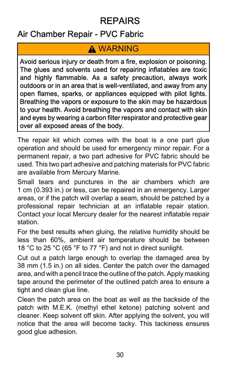 Repairs, Air chamber repair - pvc fabric, Air chamber repair ‑ pvc fabric | Warning | Mercury Marine Roll Up 899197001 User Manual | Page 34 / 37