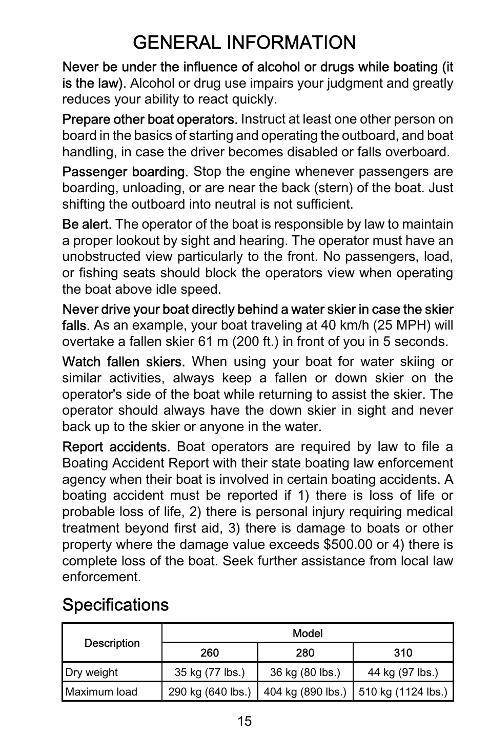 Specifications, General information | Mercury Marine Dynamic 899337001 User Manual | Page 19 / 37