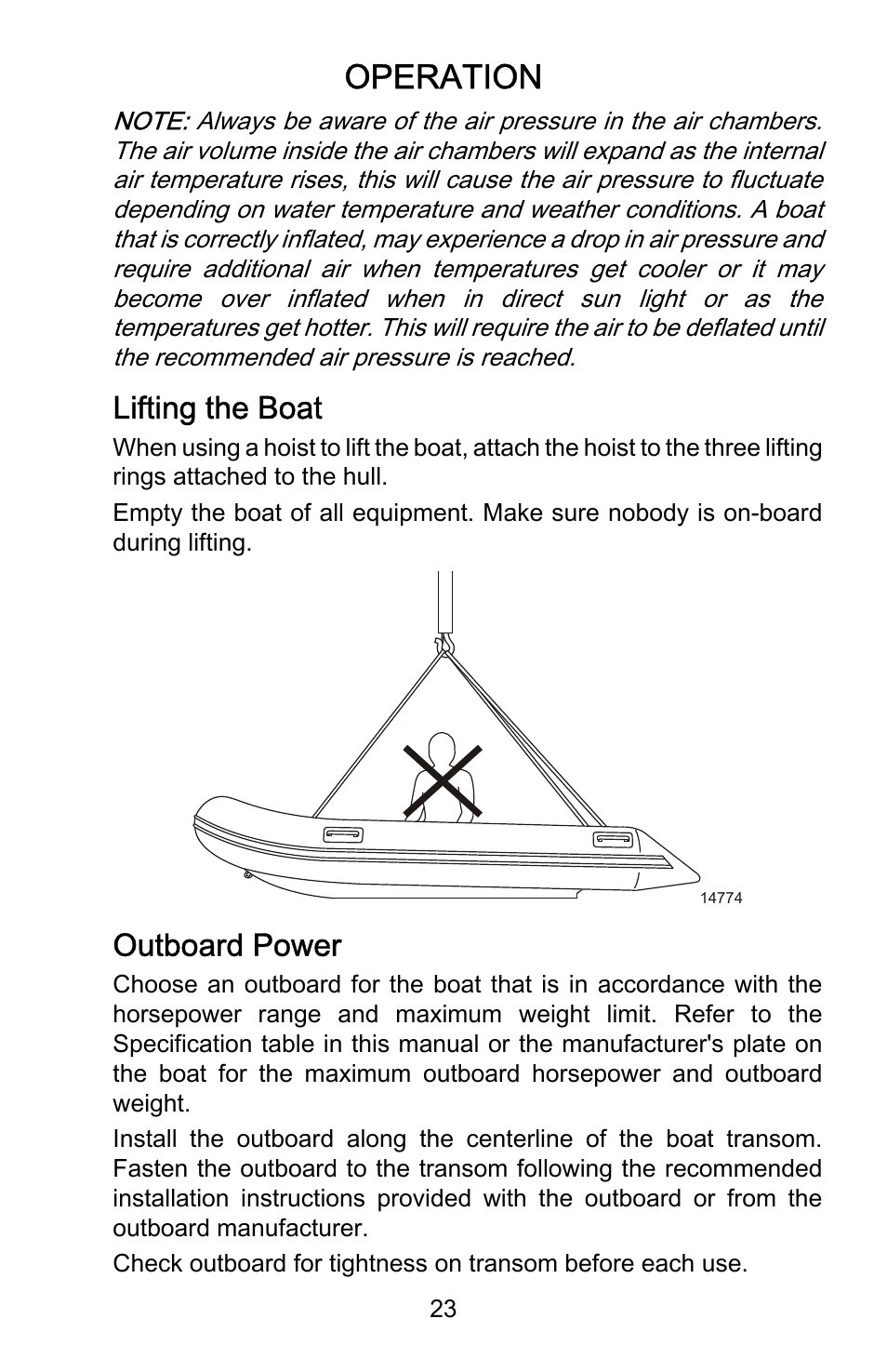Lifting the boat, Outboard power, Operation | Mercury Marine Dynamic 899337001 User Manual | Page 27 / 37