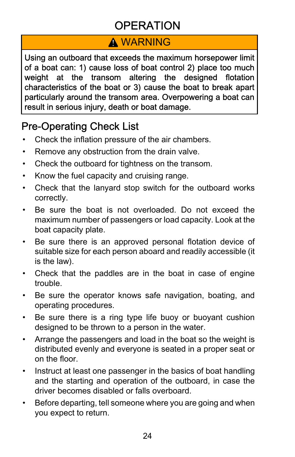 Pre-operating check list, Operation, Warning | Pre‑operating check list | Mercury Marine Dynamic 899337001 User Manual | Page 28 / 37