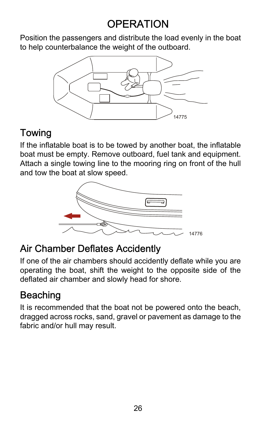 Towing, Air chamber deflates accidently, Beaching | Operation | Mercury Marine Dynamic 899337001 User Manual | Page 30 / 37