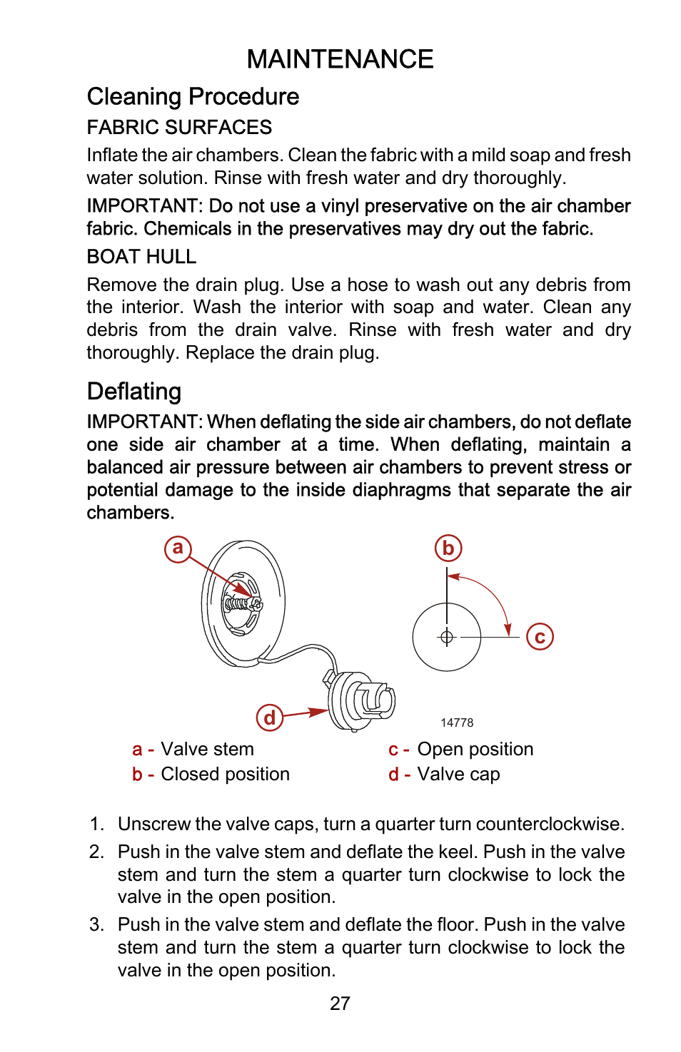 Maintenance, Cleaning procedure, Deflating | Mercury Marine Dynamic 899337001 User Manual | Page 31 / 37