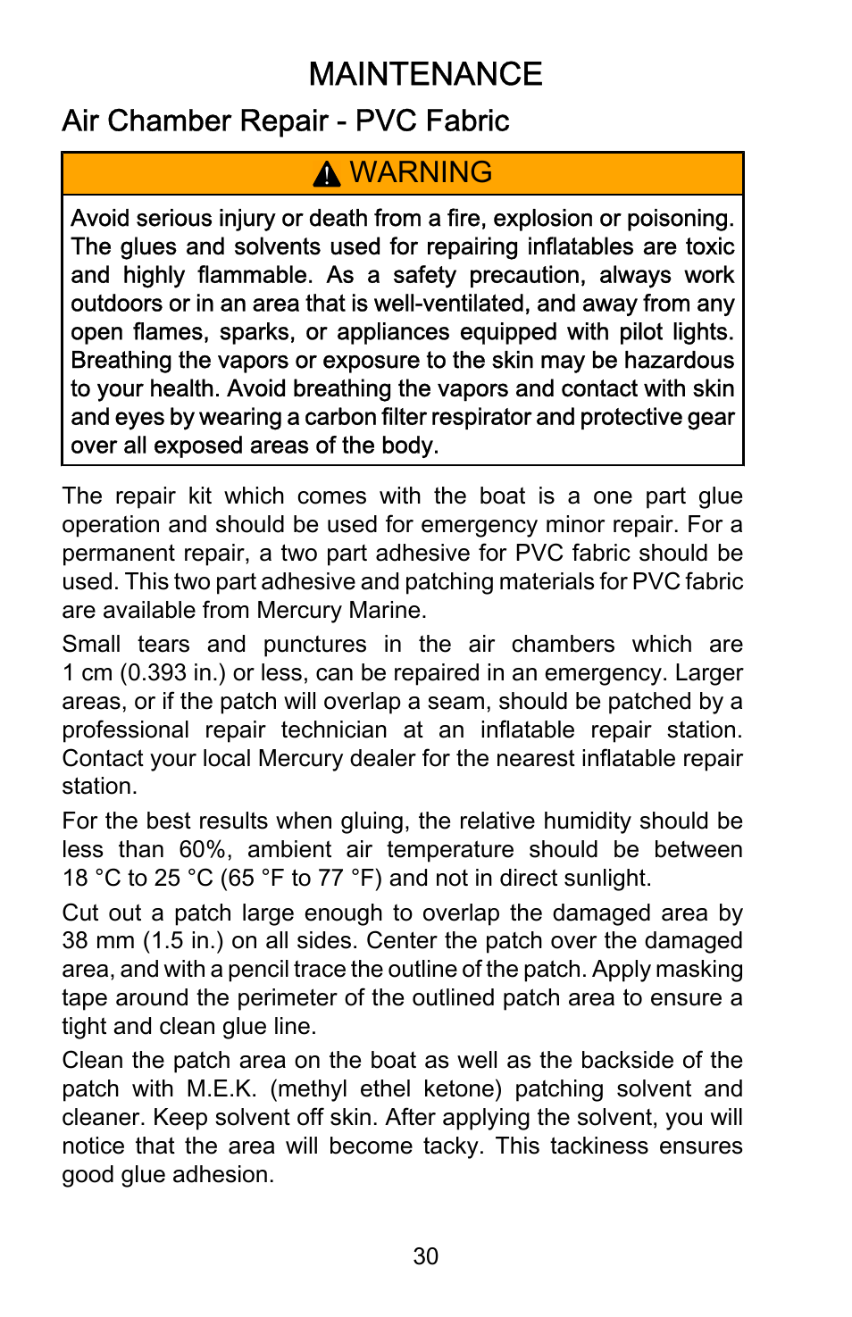 Air chamber repair - pvc fabric, Maintenance, Air chamber repair ‑ pvc fabric | Warning | Mercury Marine Dynamic 899337001 User Manual | Page 34 / 37