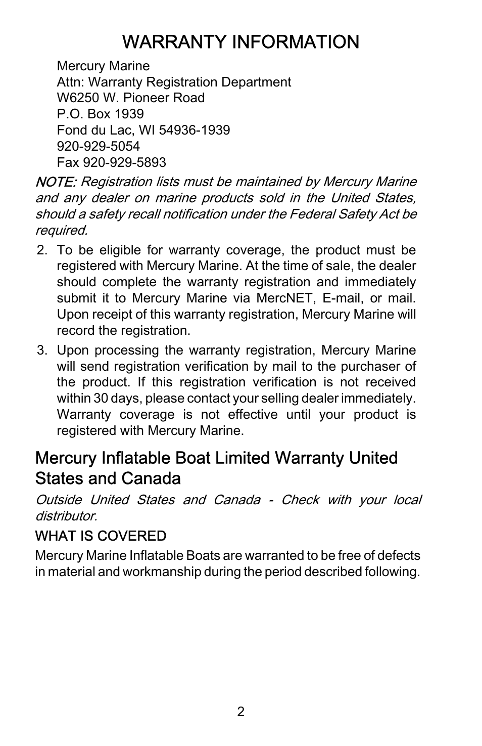 Warranty information | Mercury Marine Dynamic 899337001 User Manual | Page 6 / 37