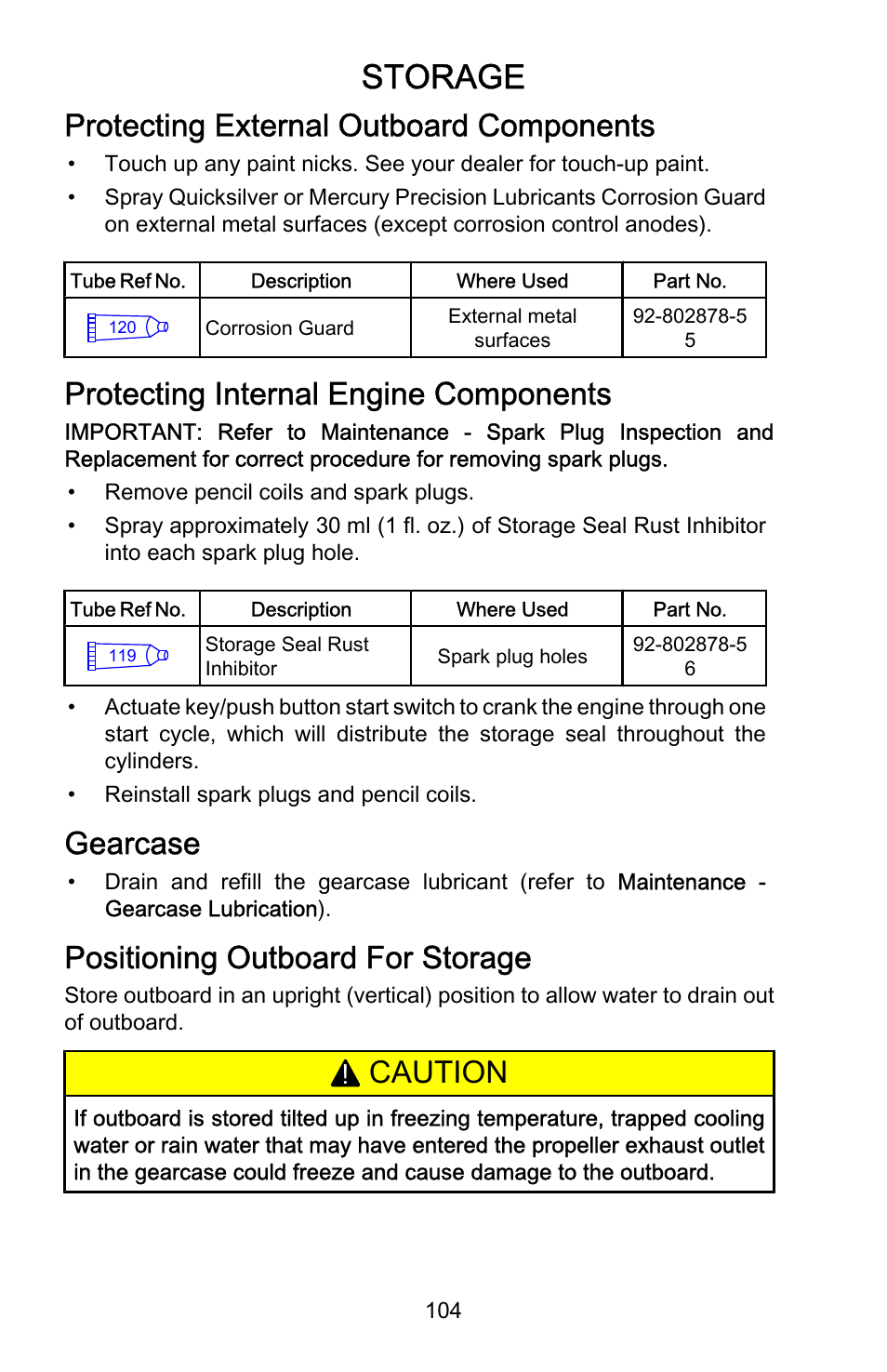 Storage, Protecting external outboard components, Protecting internal engine components | Gearcase, Positioning outboard for storage, Caution | Mercury Marine Verado 6 User Manual | Page 2 / 3