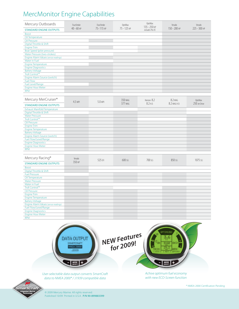 New featur es for 2009, Mercmonitor engine capabilities | Mercury Marine MercMonitor 90-899883399 User Manual | Page 2 / 2