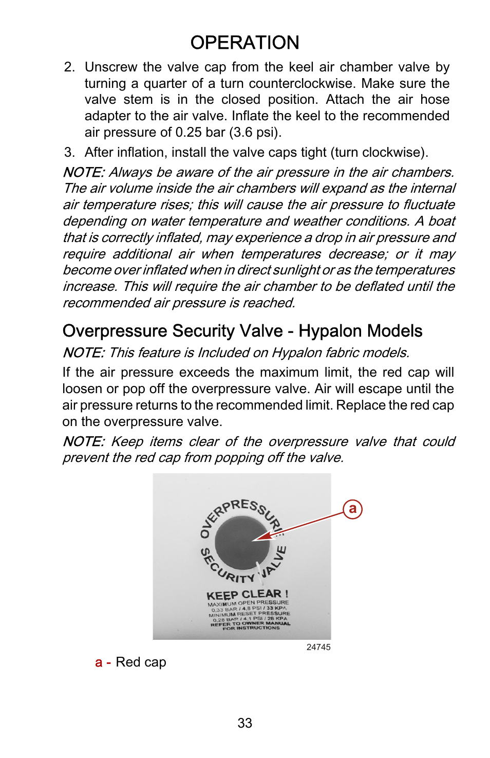 Overpressure security valve - hypalon models, Operation, Overpressure security valve ‑ hypalon models | Mercury Marine Heavy Duty 899846001 User Manual | Page 37 / 50