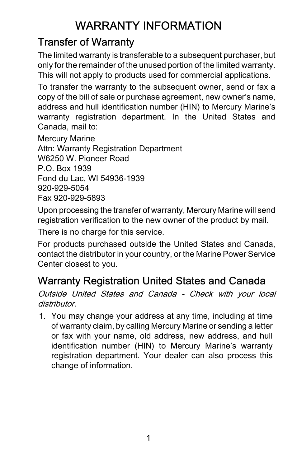 Warranty information, Transfer of warranty, Warranty registration united states and canada | Mercury Marine Heavy Duty 899846001 User Manual | Page 5 / 50