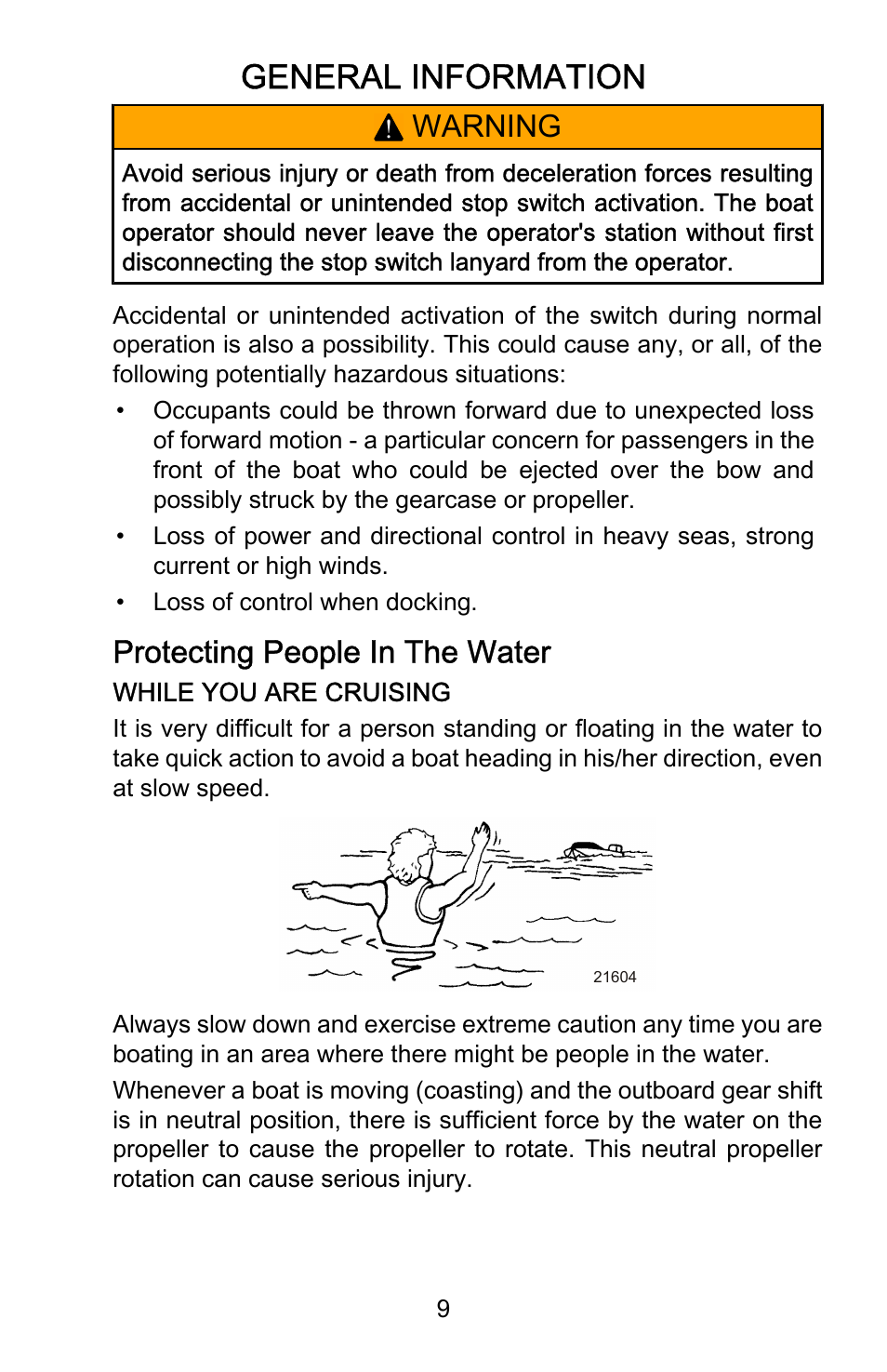 Protecting people in the water, General information, Warning | Mercury Marine Ocean Runner 898393001 User Manual | Page 13 / 40