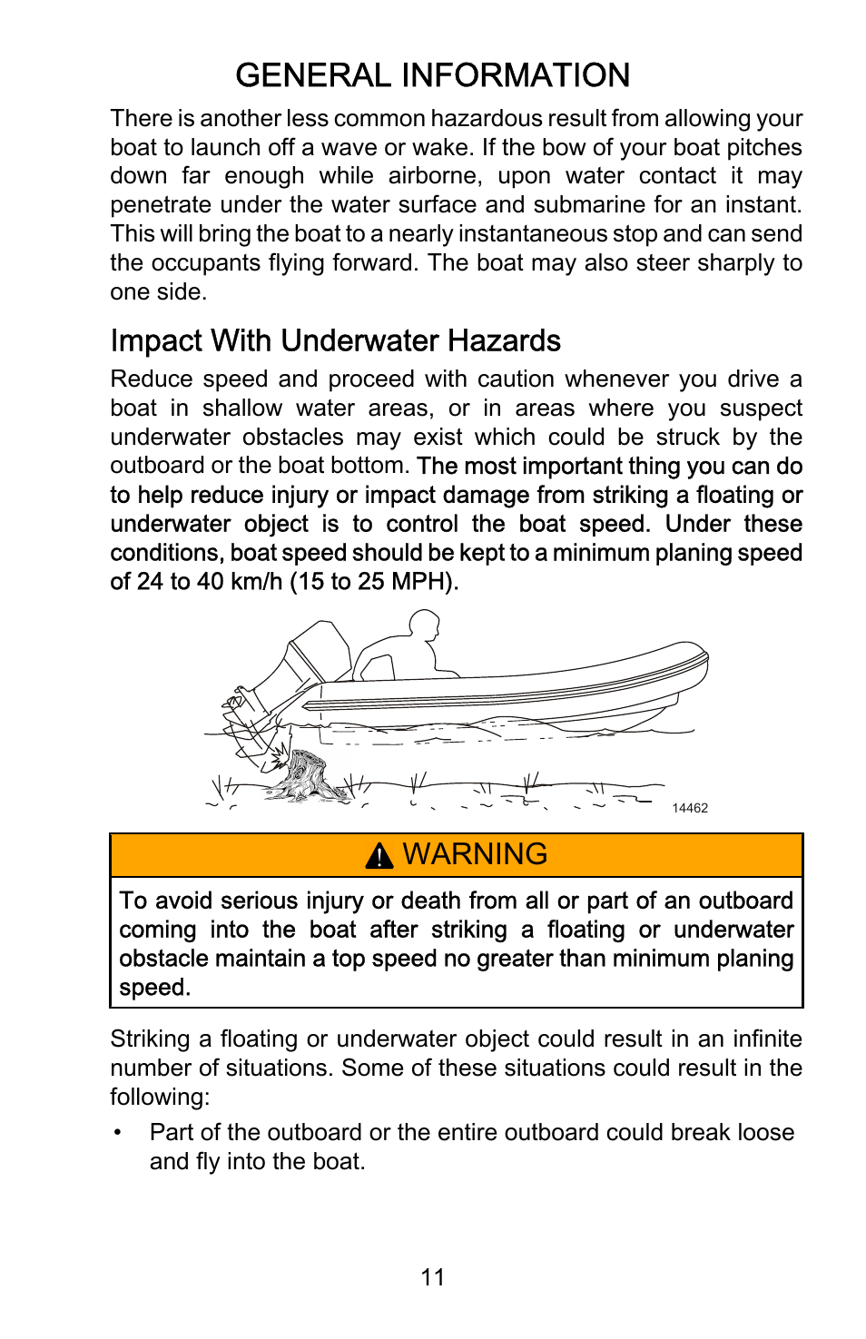 Impact with underwater hazards, General information, Warning | Mercury Marine Ocean Runner 898393001 User Manual | Page 15 / 40