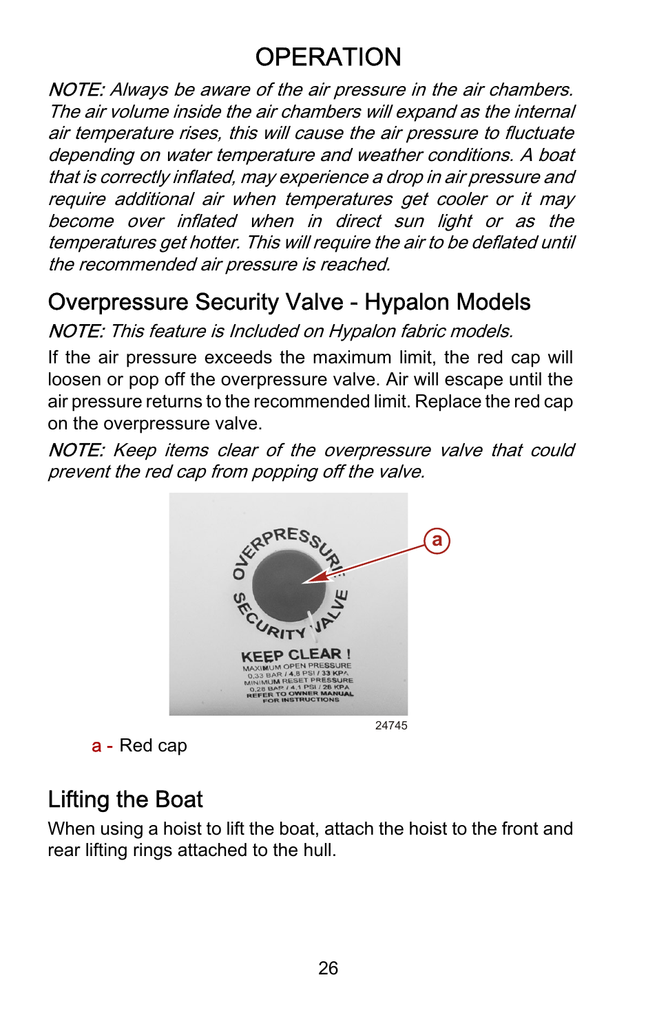 Overpressure security valve - hypalon models, Lifting the boat, Operation | Overpressure security valve ‑ hypalon models | Mercury Marine Ocean Runner 898393001 User Manual | Page 30 / 40