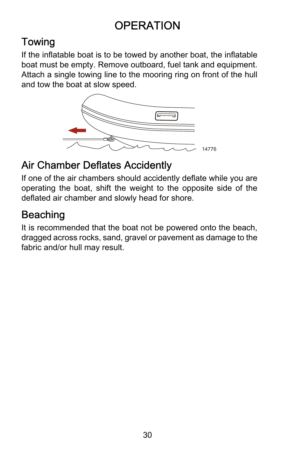 Towing, Air chamber deflates accidently, Beaching | Operation | Mercury Marine Ocean Runner 898393001 User Manual | Page 34 / 40