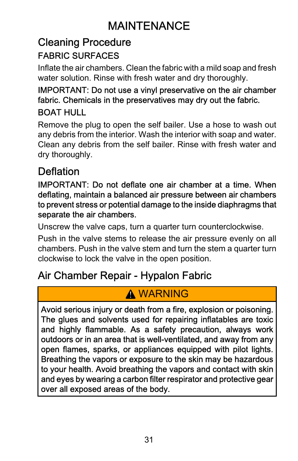 Maintenance, Cleaning procedure, Deflation | Air chamber repair - hypalon fabric, Air chamber repair ‑ hypalon fabric, Warning | Mercury Marine Ocean Runner 898393001 User Manual | Page 35 / 40