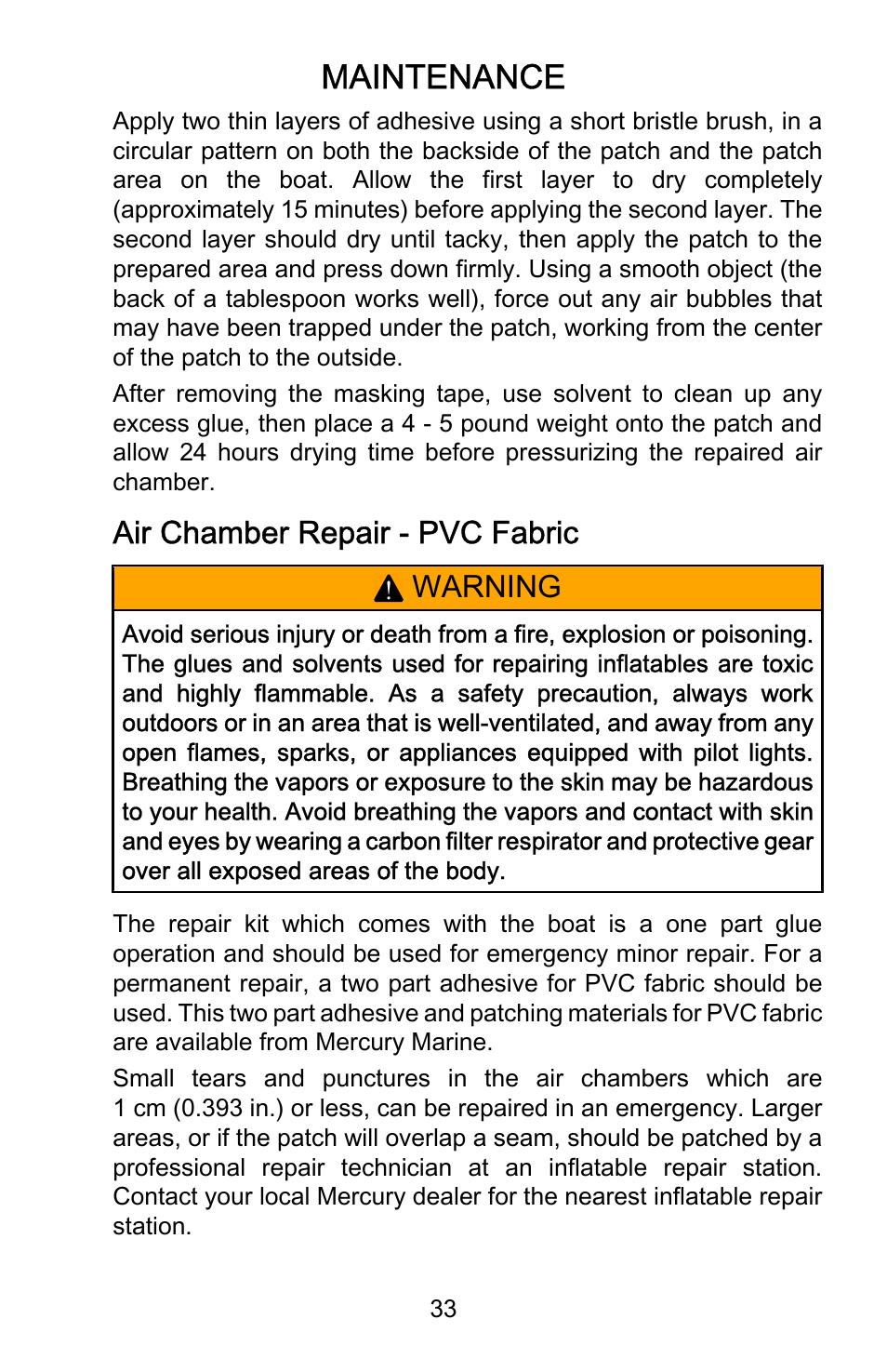 Air chamber repair - pvc fabric, Maintenance, Air chamber repair ‑ pvc fabric | Warning | Mercury Marine Ocean Runner 898393001 User Manual | Page 37 / 40