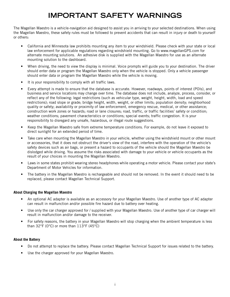 Important safety warnings | Magellan Maestro 3200 User Manual | Page 2 / 60