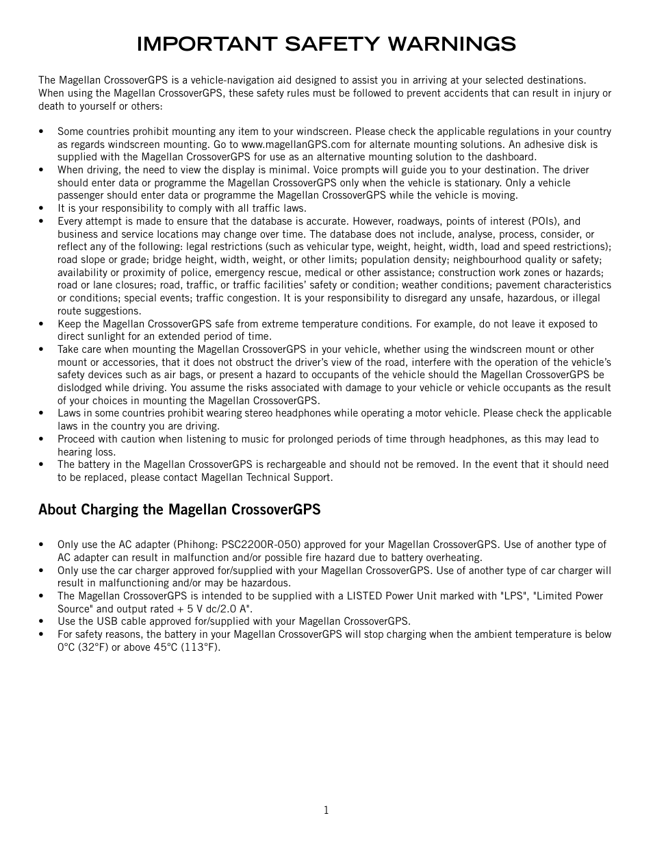 Important safety warnings, About charging the magellan crossovergps | Magellan CrossoverGPS 980890-05 User Manual | Page 2 / 80