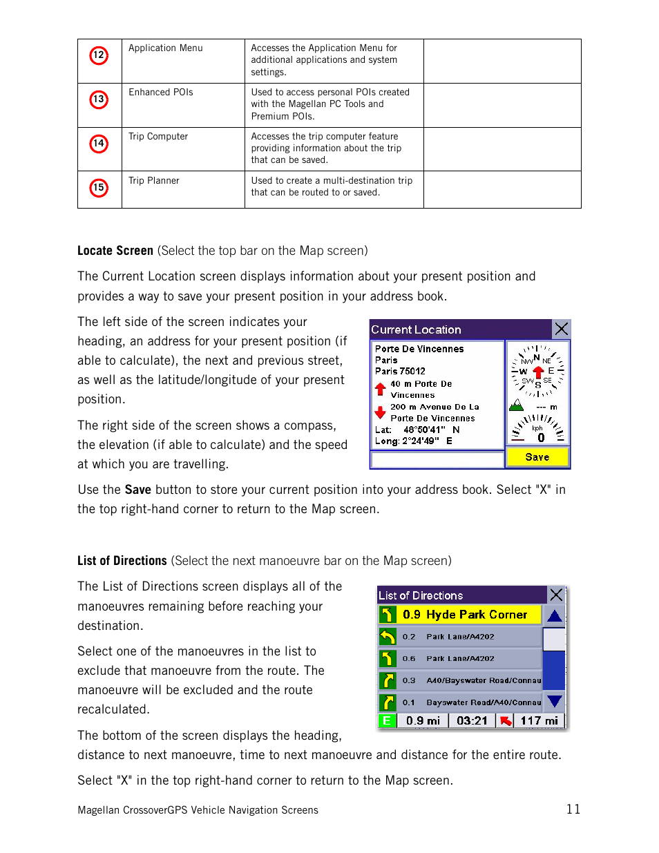 Locate screen list of directions | Magellan CrossoverGPS 980890-05 User Manual | Page 21 / 80