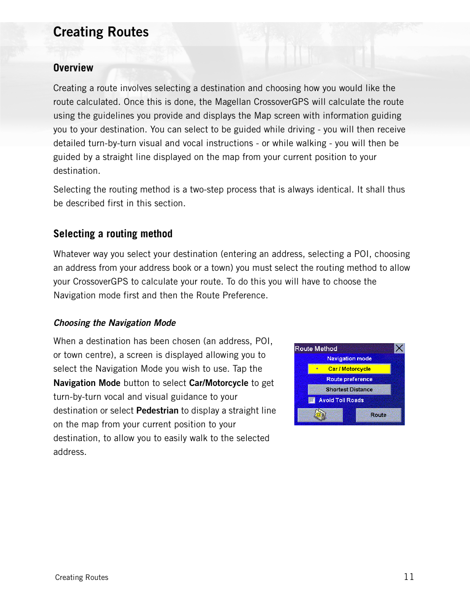 Creating routes, Overview, Selecting a routing method | Magellan CrossoverGPS 980890-05 User Manual | Page 22 / 80