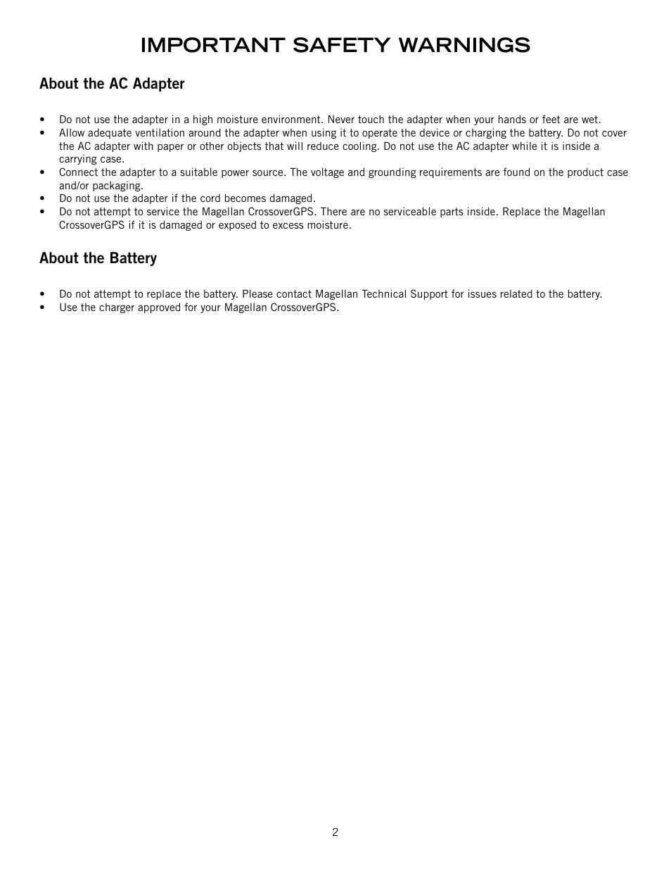Important safety warnings, About the ac adapter, About the battery | Magellan CrossoverGPS 980890-05 User Manual | Page 3 / 80