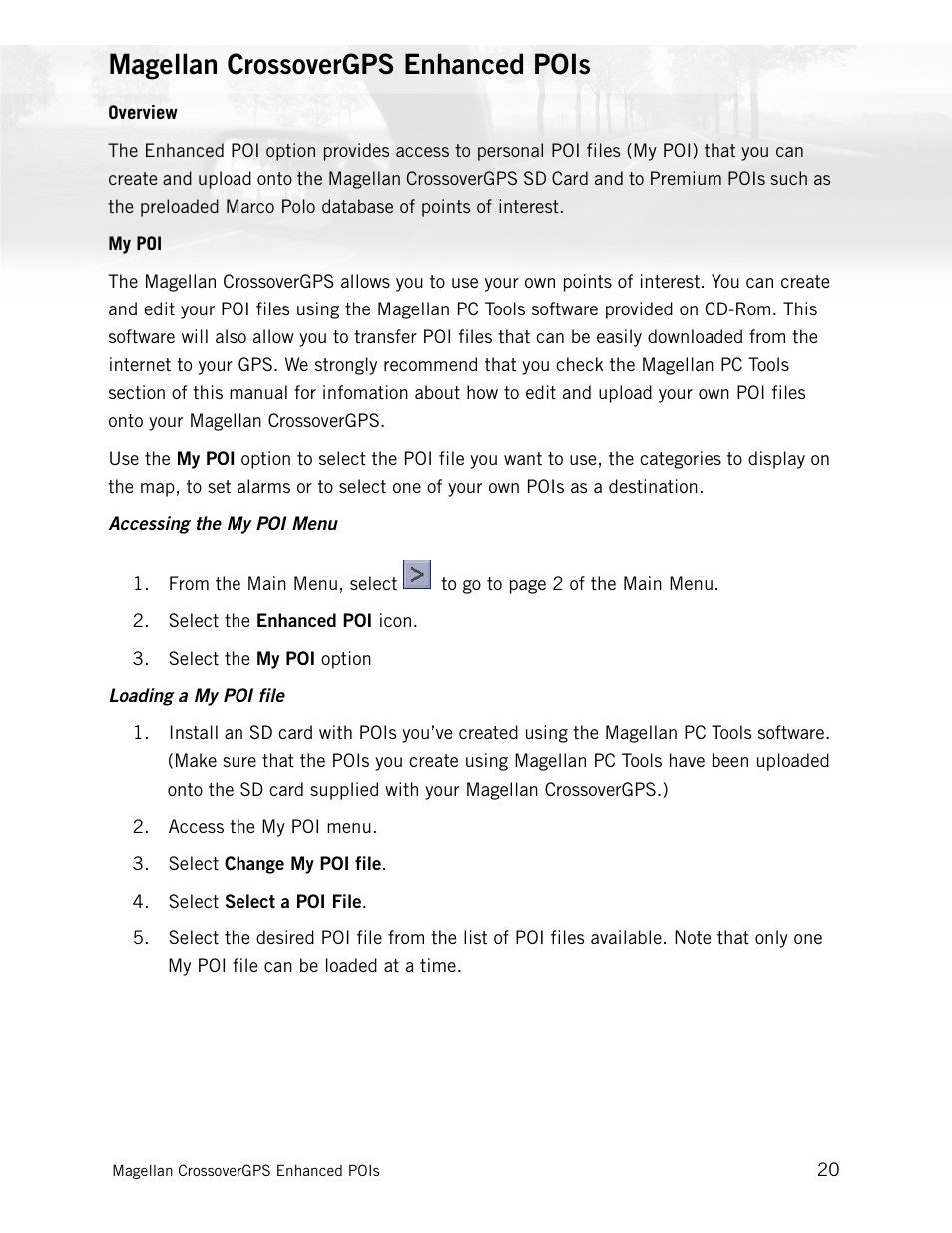 Magellan crossovergps enhanced pois, Overview, My poi | Accessing the enhanced poi menu, Loading an enhanced poi file | Magellan CrossoverGPS 980890-05 User Manual | Page 32 / 80