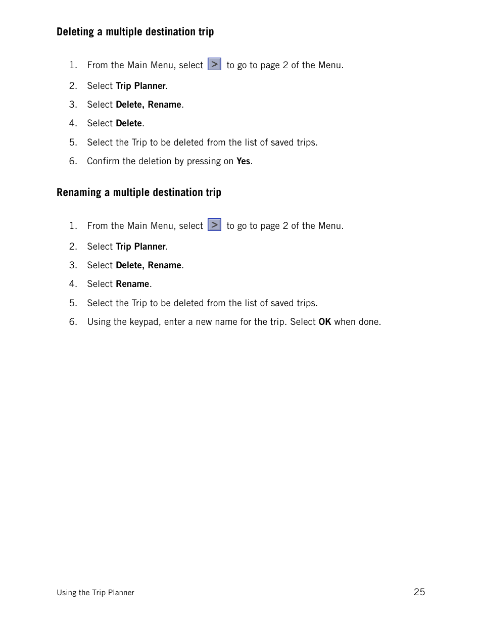 Deleting a multiple destination trip, Renaming a multiple destination trip | Magellan CrossoverGPS 980890-05 User Manual | Page 38 / 80