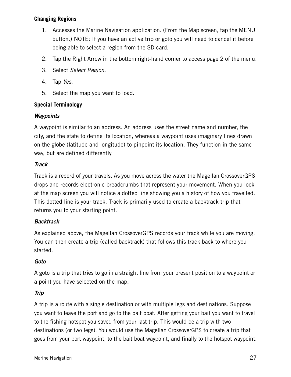 Changing regions, Special terminology, Changing regions special terminology | Waypoints track backtrack goto trip | Magellan CrossoverGPS 980890-05 User Manual | Page 40 / 80