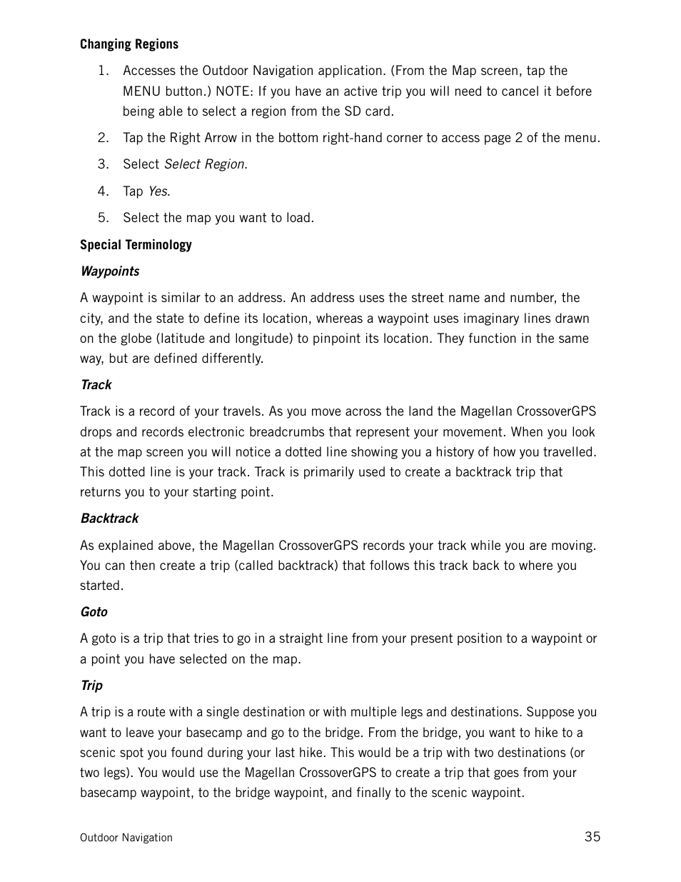 Changing regions, Special terminology, Changing regions special terminology | Waypoints track backtrack, Goto trip | Magellan CrossoverGPS 980890-05 User Manual | Page 49 / 80