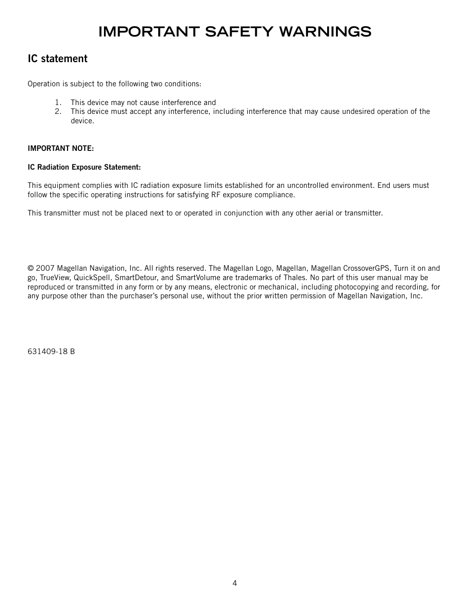 Important safety warnings, Ic statement | Magellan CrossoverGPS 980890-05 User Manual | Page 5 / 80