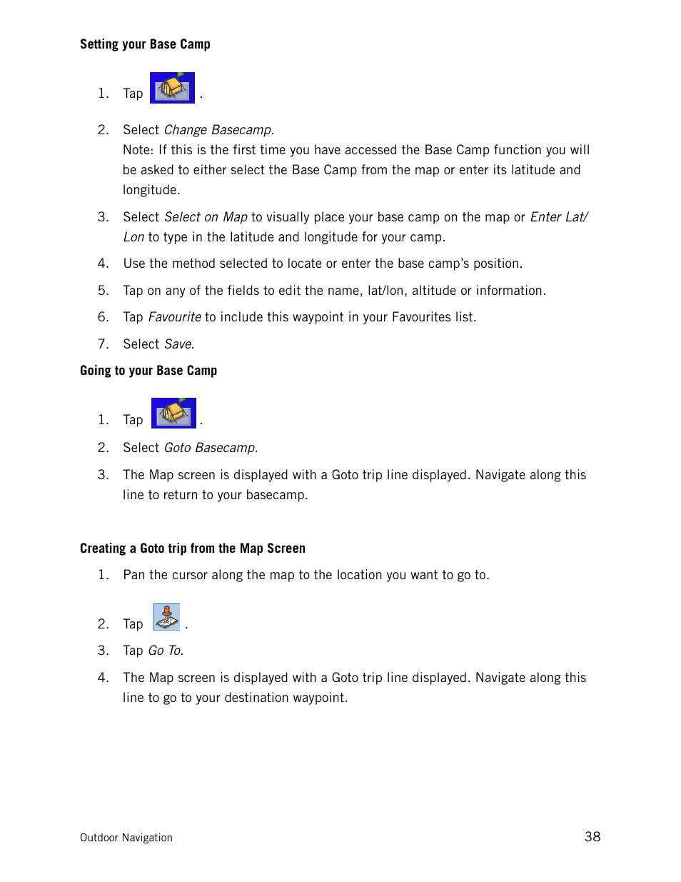 Setting your base camp, Going to your base camp, Creating a goto trip from the map screen | Magellan CrossoverGPS 980890-05 User Manual | Page 52 / 80