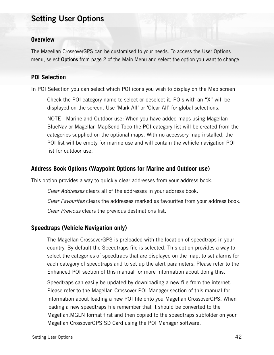 Setting user options, Overview, Poi selection | Speedtraps (vehicle navigation only) | Magellan CrossoverGPS 980890-05 User Manual | Page 57 / 80