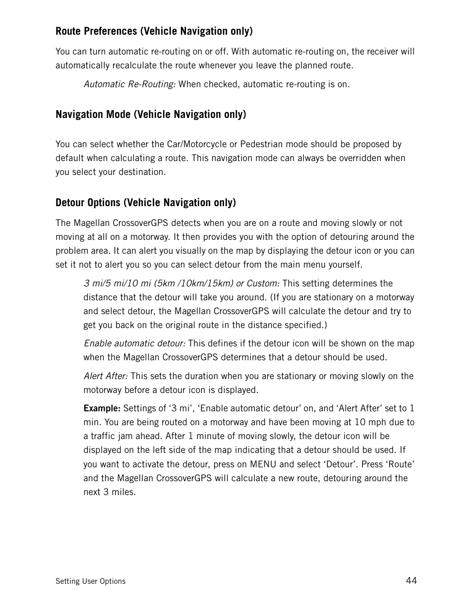 Route preferences (vehicle navigation only), Navigation mode (vehicle navigation only), Detour options (vehicle navigation only) | Magellan CrossoverGPS 980890-05 User Manual | Page 59 / 80