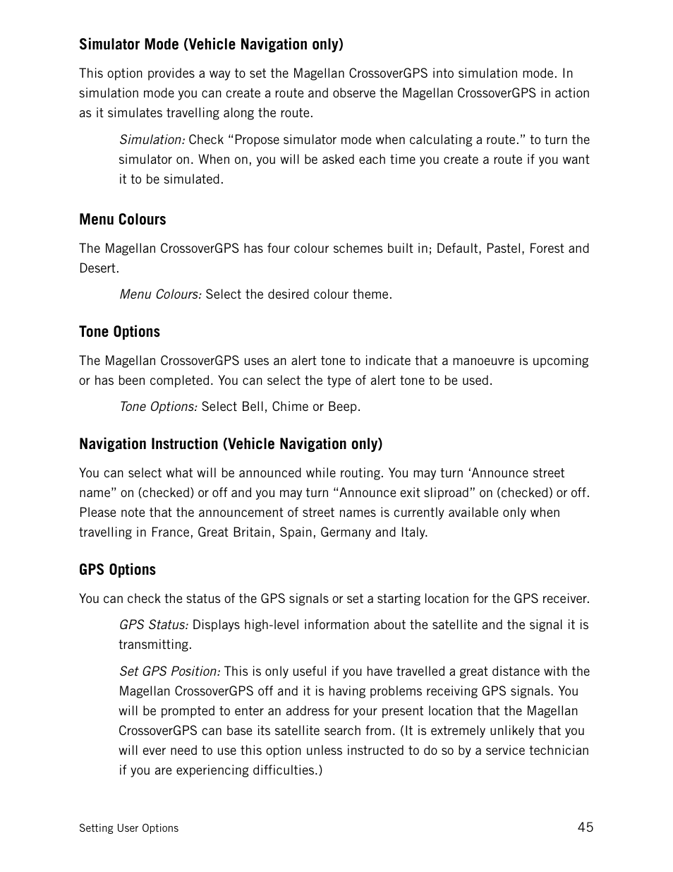 Simulator mode (vehicle navigation only), Menu colours, Tone options | Navigation instruction (vehicle navigation only), Gps options | Magellan CrossoverGPS 980890-05 User Manual | Page 60 / 80