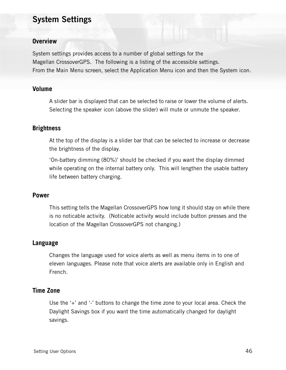 System settings, Overview, Volume | Brightness, Power, Language, Time zone | Magellan CrossoverGPS 980890-05 User Manual | Page 62 / 80