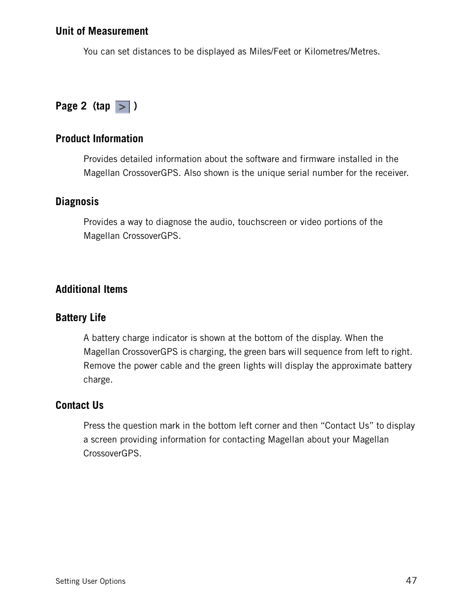 Unit of measurement, Product information, Diagnosis | Additional items, Battery life, Contact us, Battery life contact us | Magellan CrossoverGPS 980890-05 User Manual | Page 63 / 80