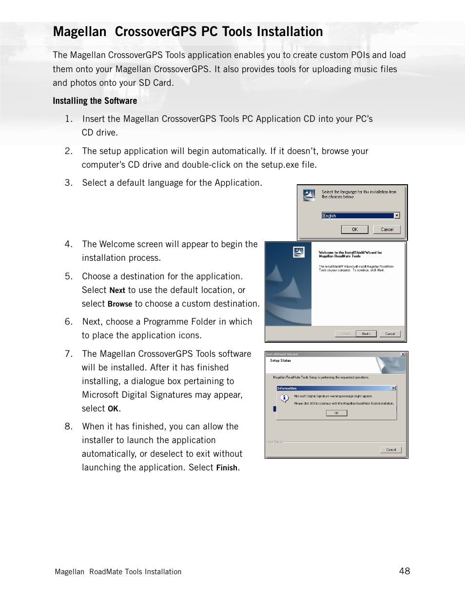 Magellan crossovergps pc tools installation, Installing the software | Magellan CrossoverGPS 980890-05 User Manual | Page 64 / 80