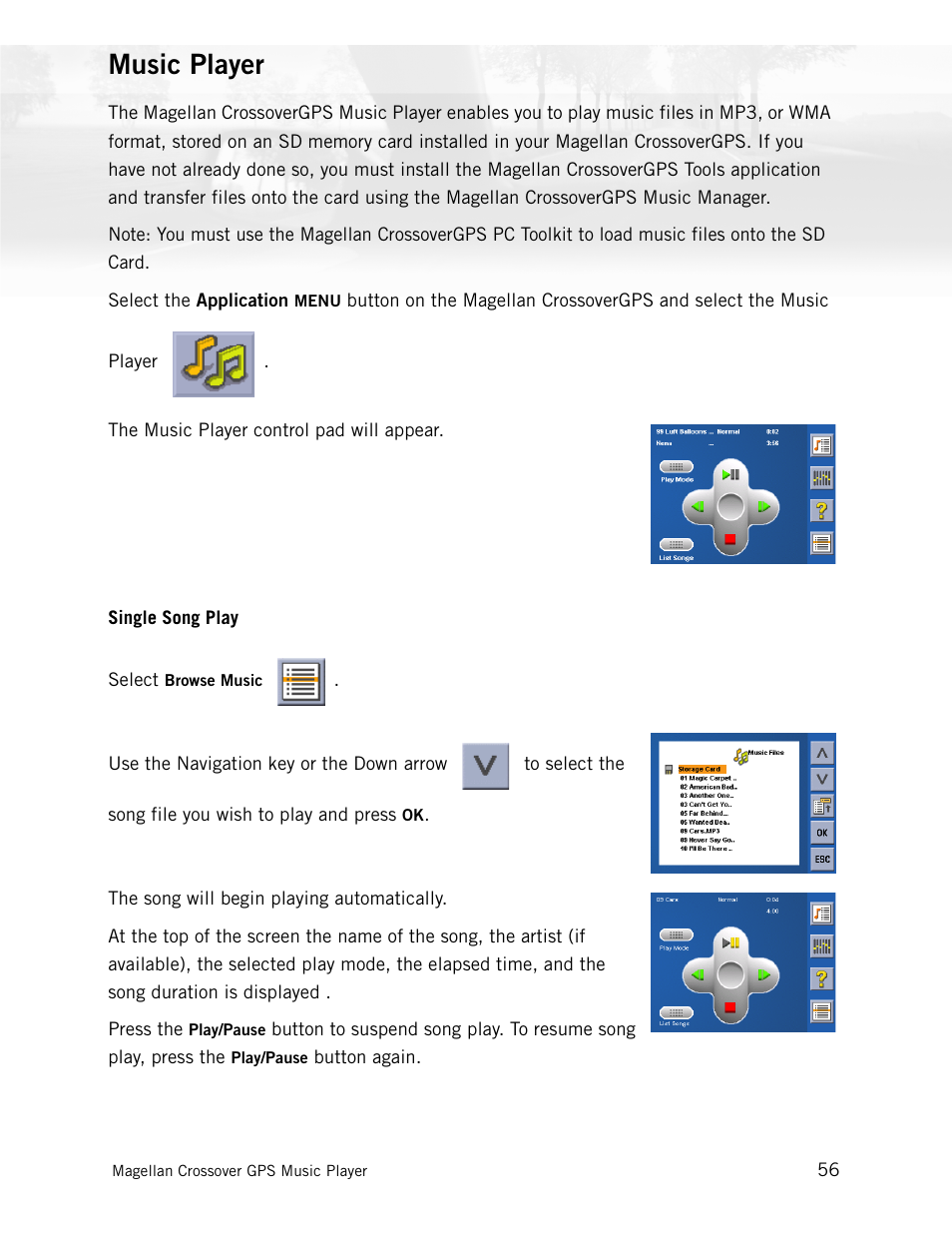 Music player, Single song play | Magellan CrossoverGPS 980890-05 User Manual | Page 73 / 80