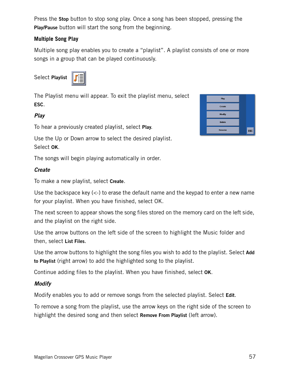 Multiple song play, Play create modify | Magellan CrossoverGPS 980890-05 User Manual | Page 74 / 80