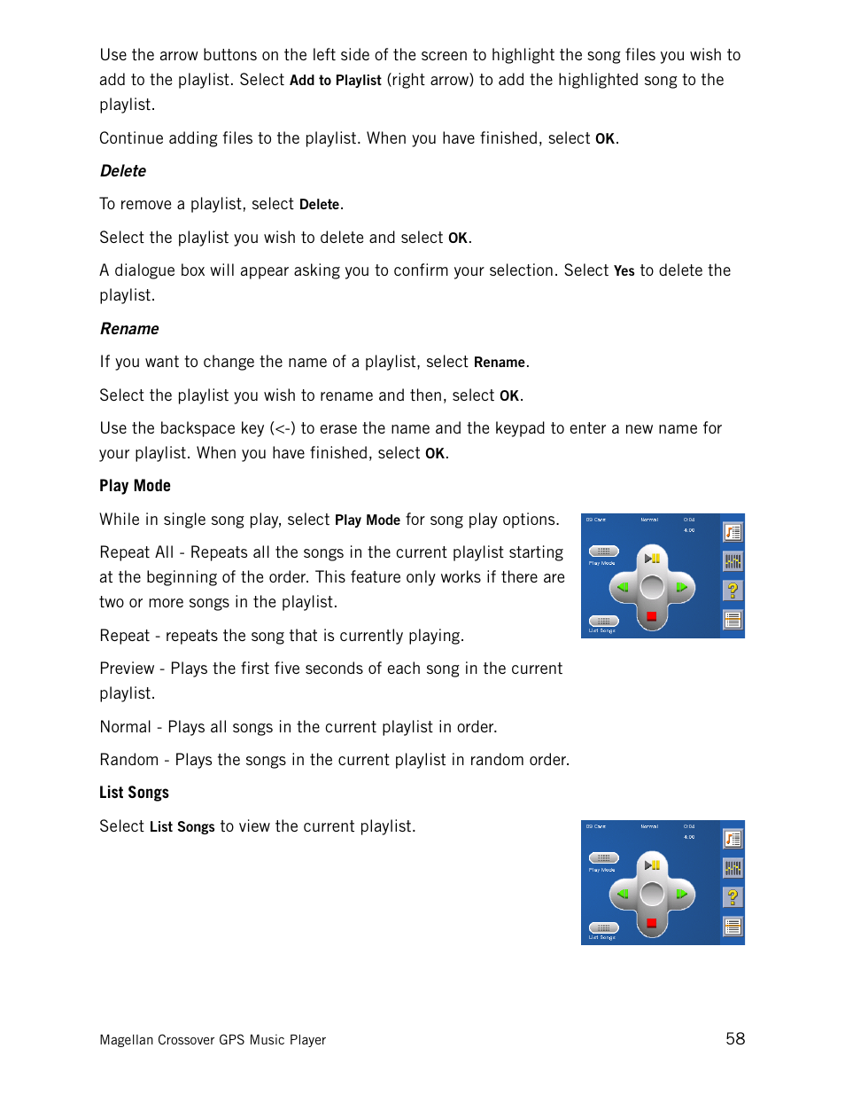 Play mode, List songs, Delete rename | Play mode list songs | Magellan CrossoverGPS 980890-05 User Manual | Page 75 / 80