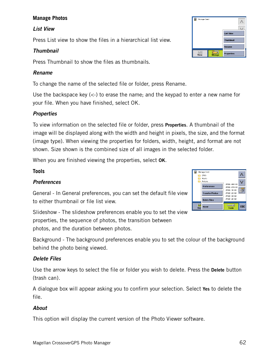Manage photos, Tools, List view | Magellan CrossoverGPS 980890-05 User Manual | Page 79 / 80