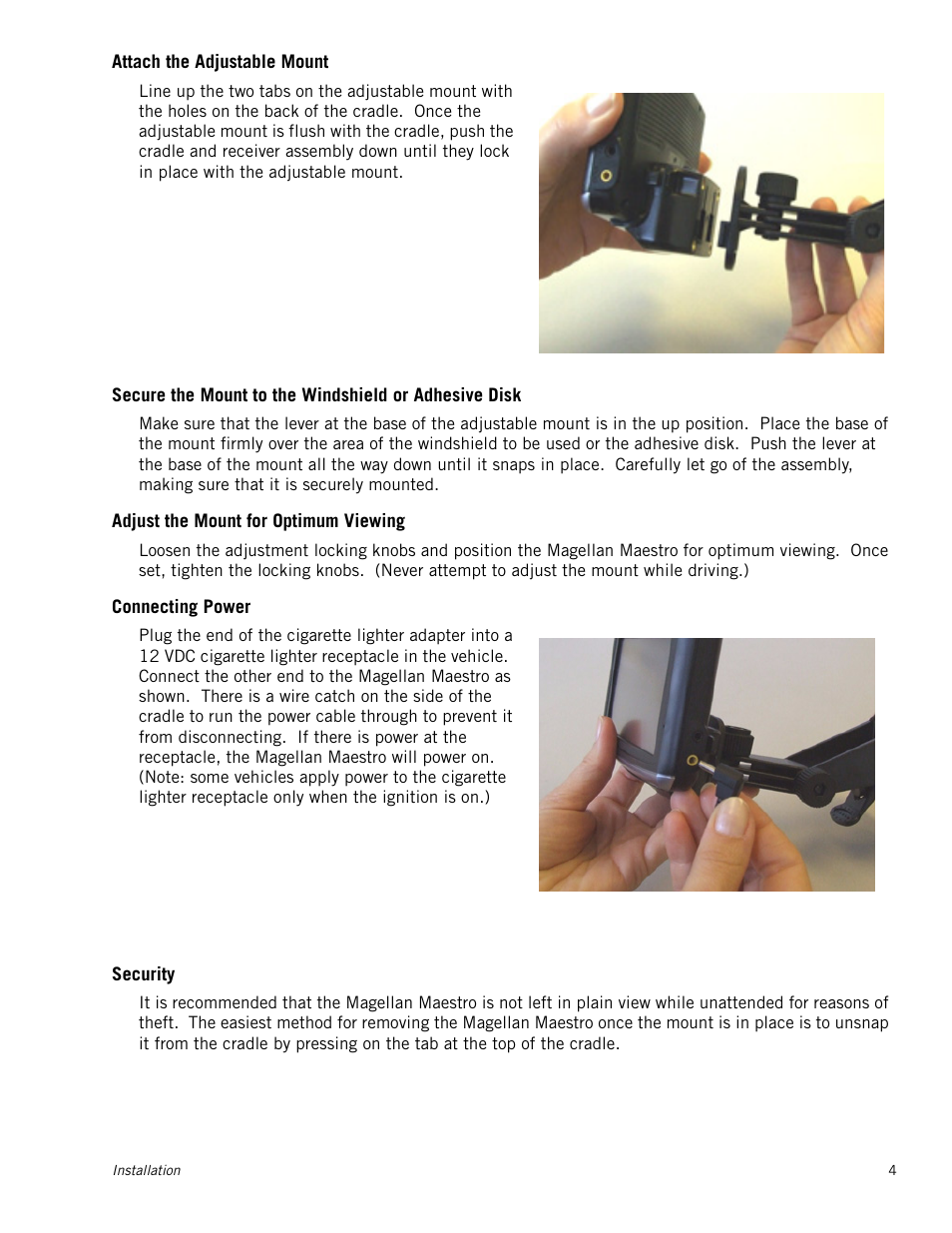 Attach the adjustable mount, Adjust the mount for optimum viewing, Connecting power | Security | Magellan Maestro 4040 User Manual | Page 14 / 75