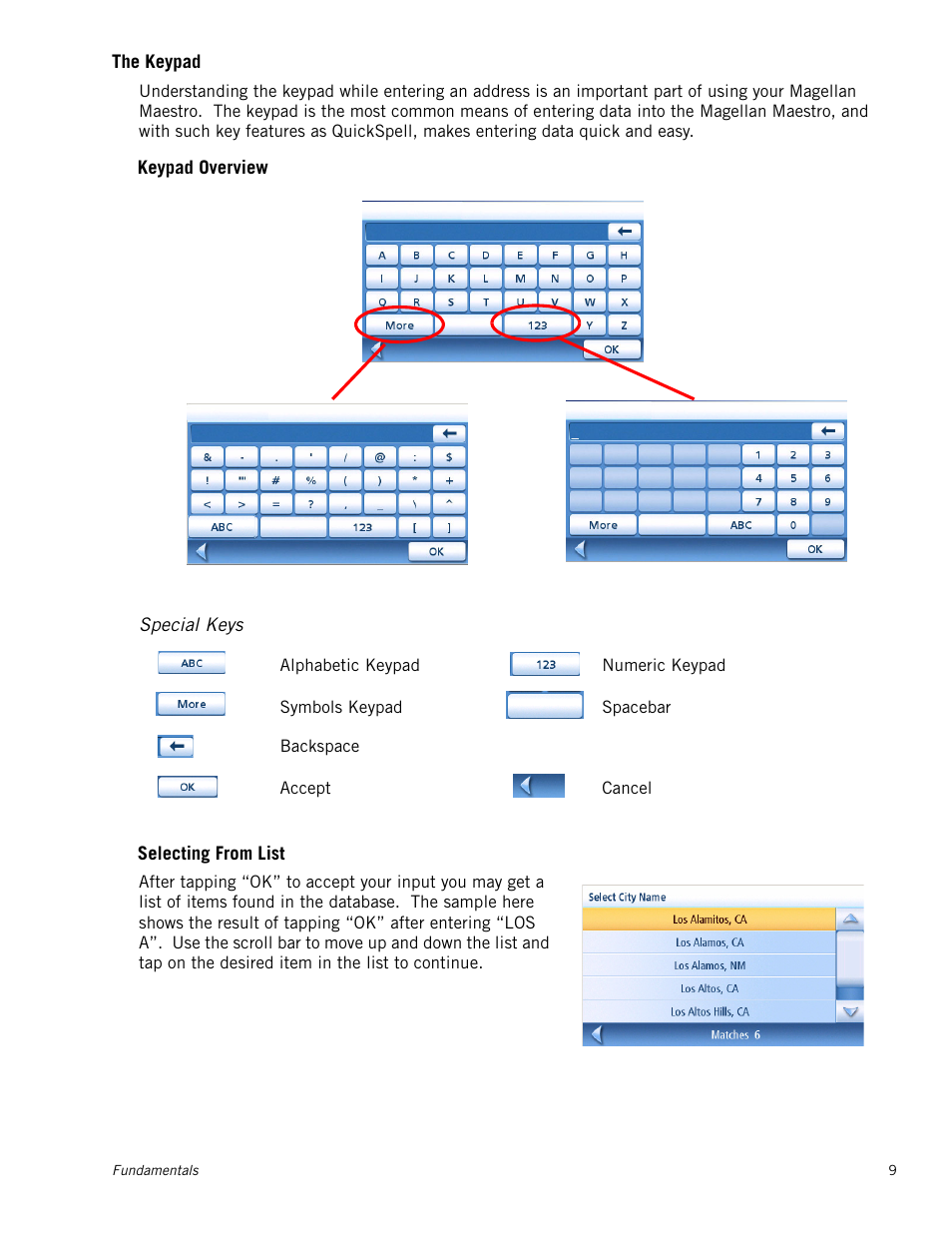 The keypad, Special keys, Keypad overview | Selecting from list | Magellan Maestro 4040 User Manual | Page 19 / 75