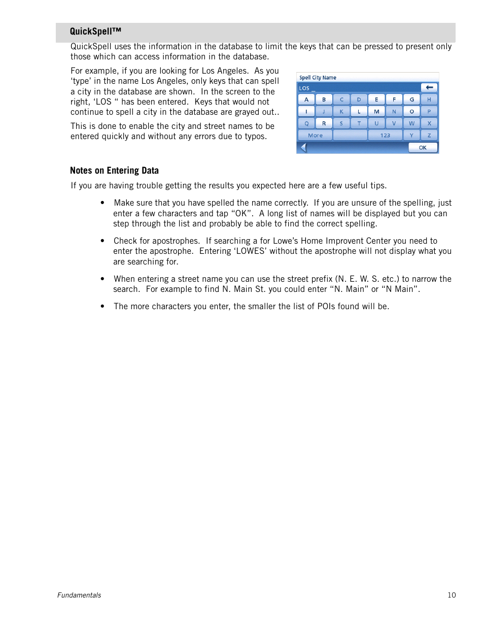 Quickspell, Notes on entering data | Magellan Maestro 4040 User Manual | Page 20 / 75