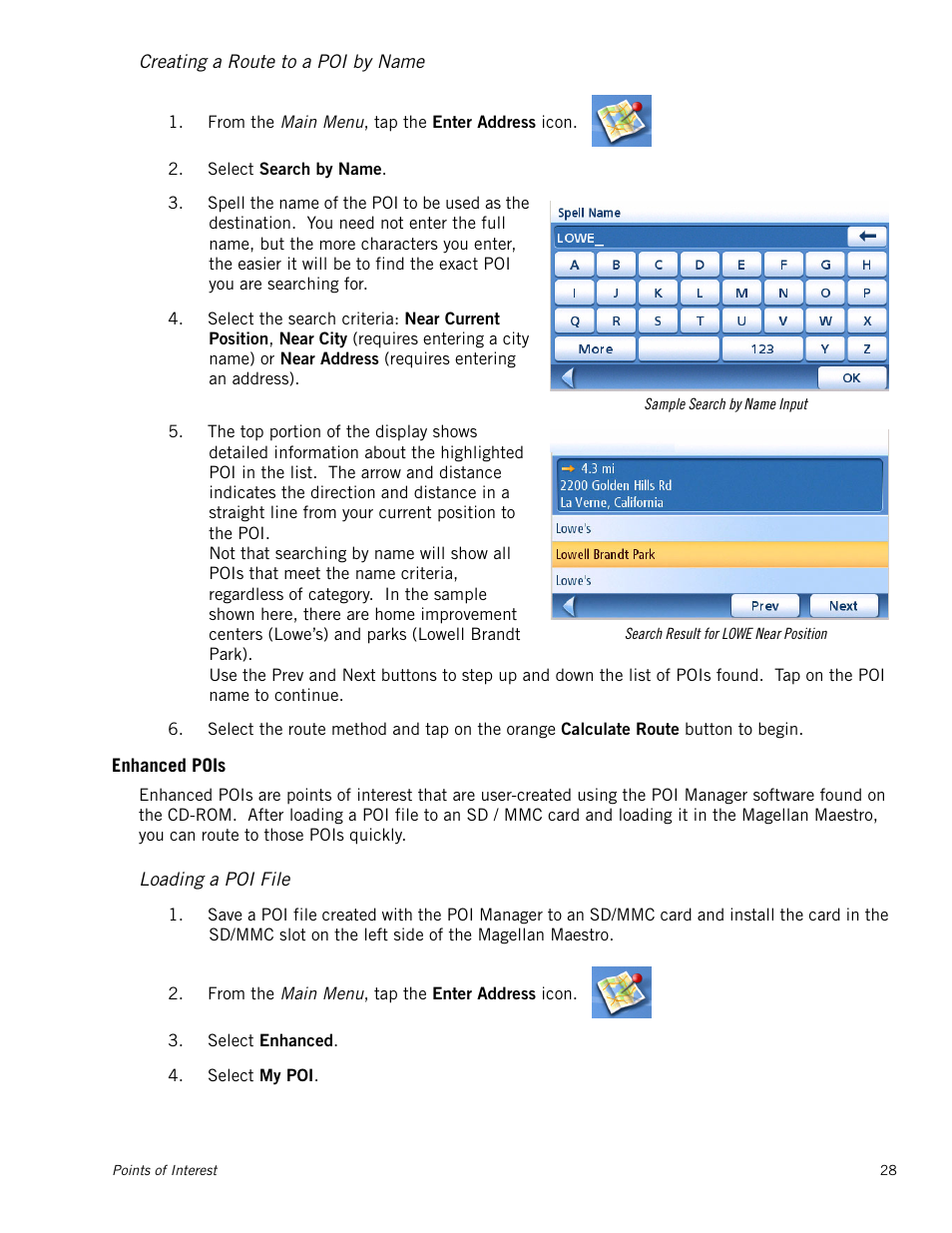 Creating a route to a poi by name, Enhanced pois, Loading a poi file | Magellan Maestro 4040 User Manual | Page 38 / 75