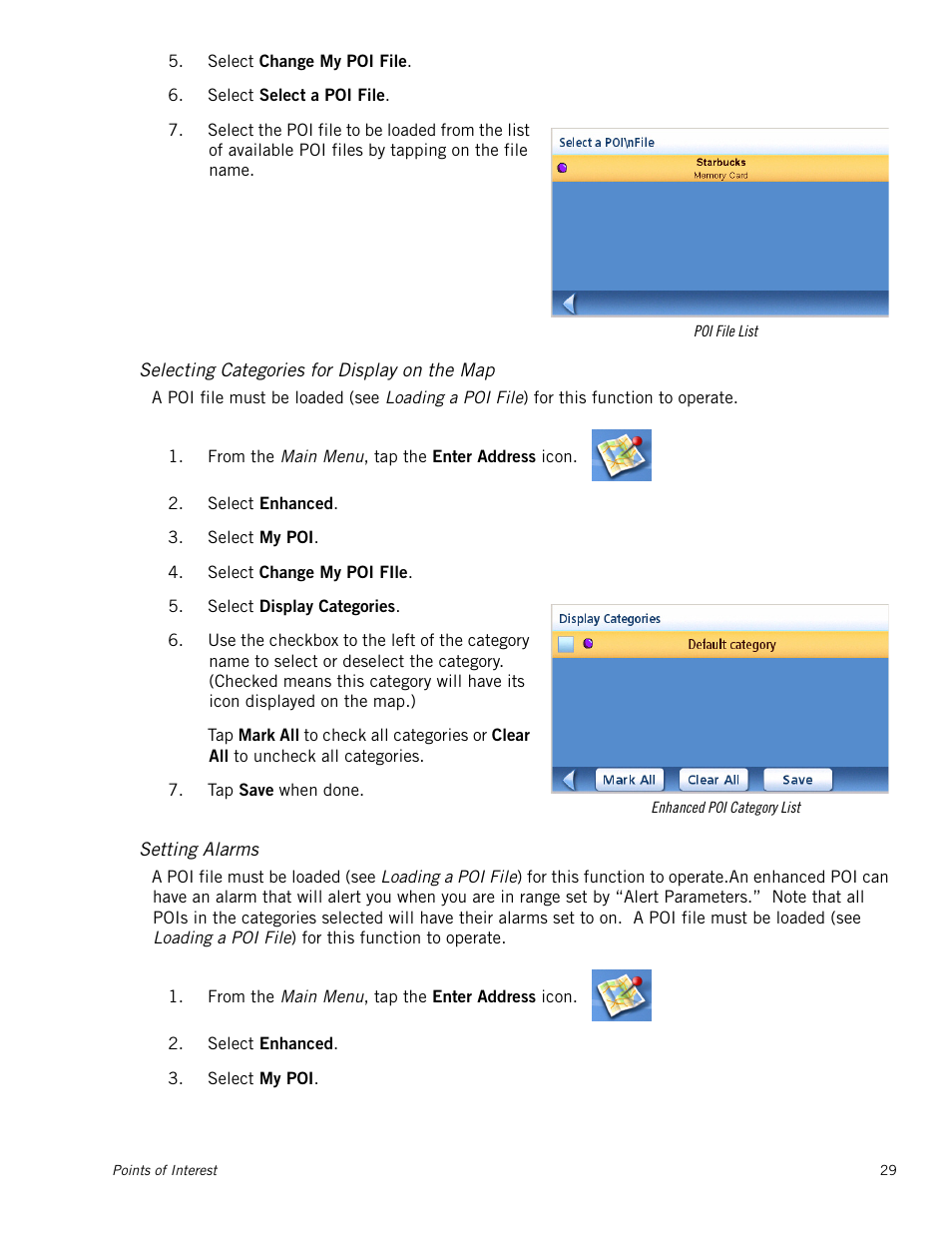 Selecting categories for display on the map, Setting alarms | Magellan Maestro 4040 User Manual | Page 39 / 75