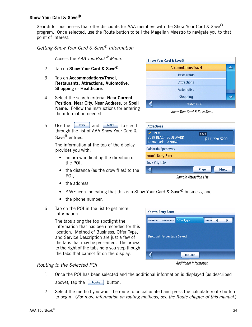 Show your card & save, Getting show your card & save® information, Routing to the selected poi | Getting show your card & save | Magellan Maestro 4040 User Manual | Page 44 / 75