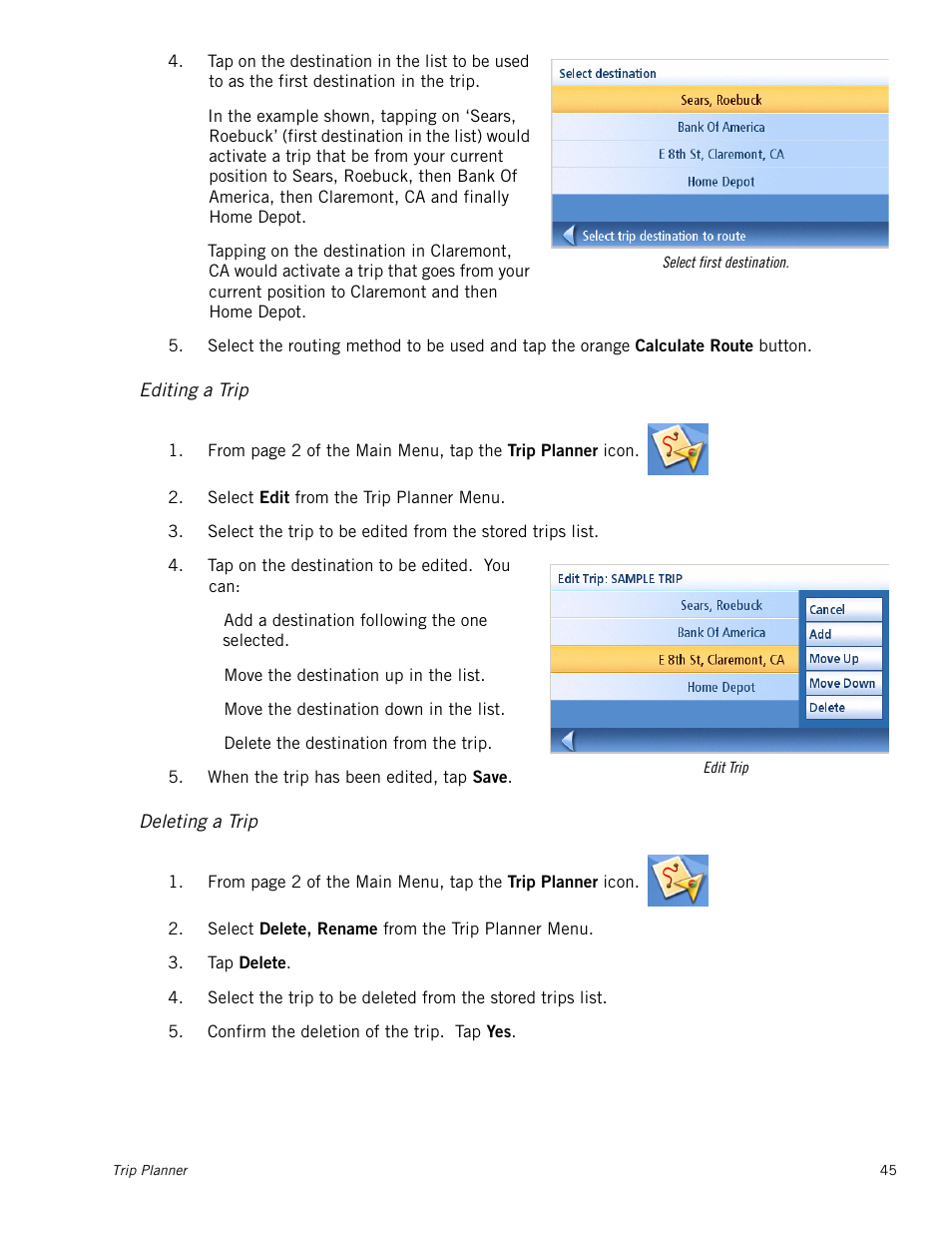 Editing a trip, Deleting a trip | Magellan Maestro 4040 User Manual | Page 55 / 75