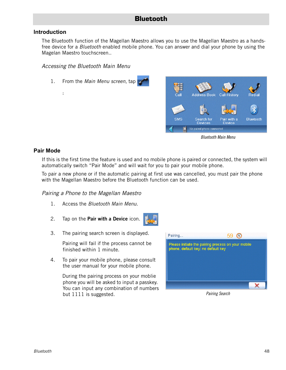 Bluetooth, Introduction, Accessing the bluetooth main menu | Pair mode, Pairing a phone to the magellan maestro | Magellan Maestro 4040 User Manual | Page 58 / 75